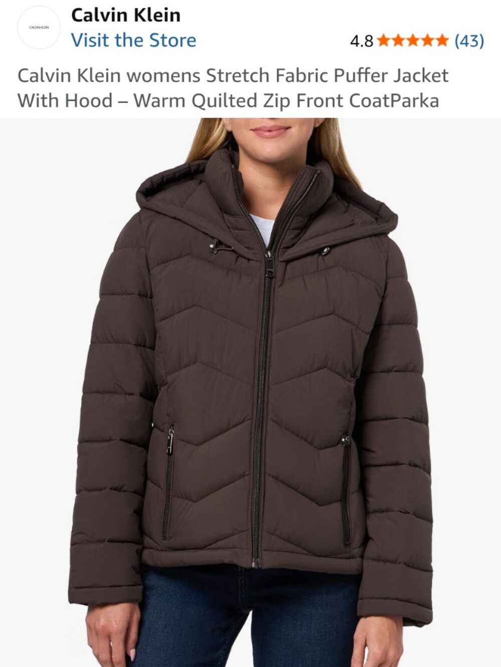 Calvin Klein Women's Hooded Puffer Jacket in Dark Brown